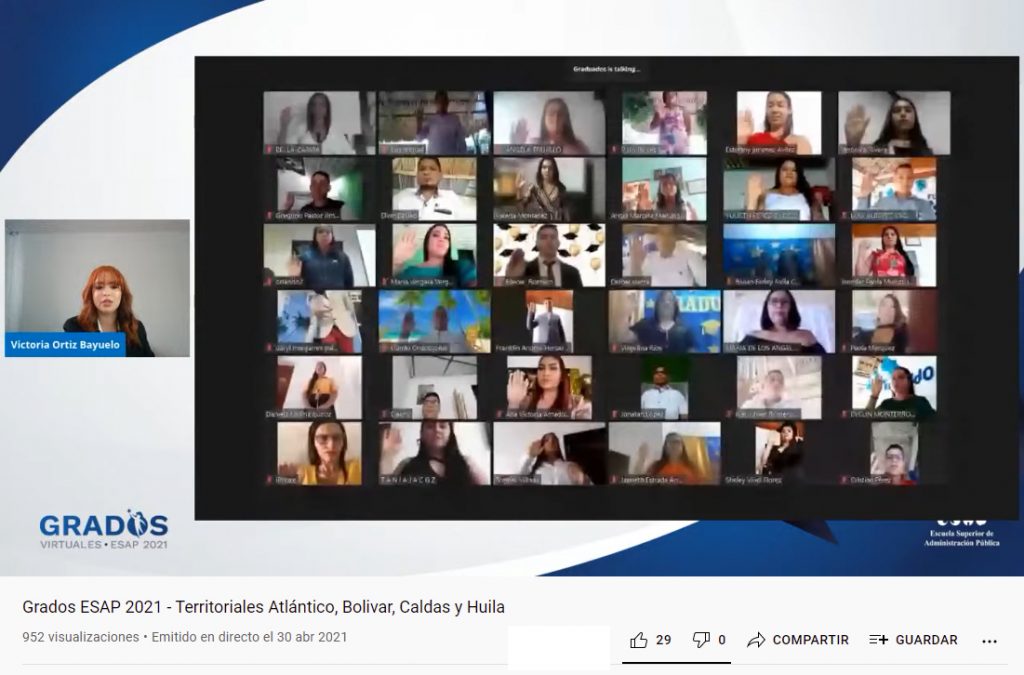 Imagen de la ceremonia de grados virtuales para las terrotoriales de Atlántico, Bolivar, Caldas y Huila